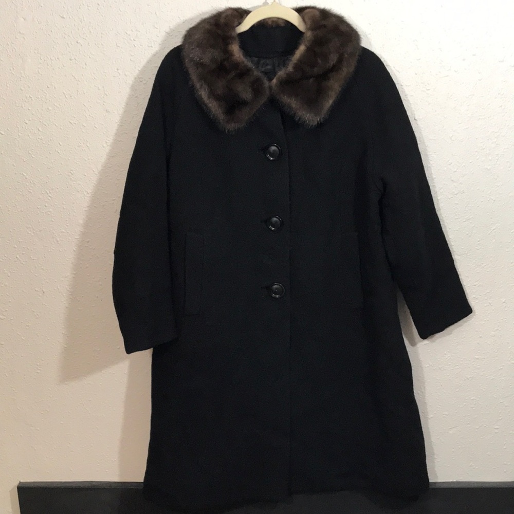 Vintage 1950’s Black Wool Blend Mink Collar Long Coat  size M